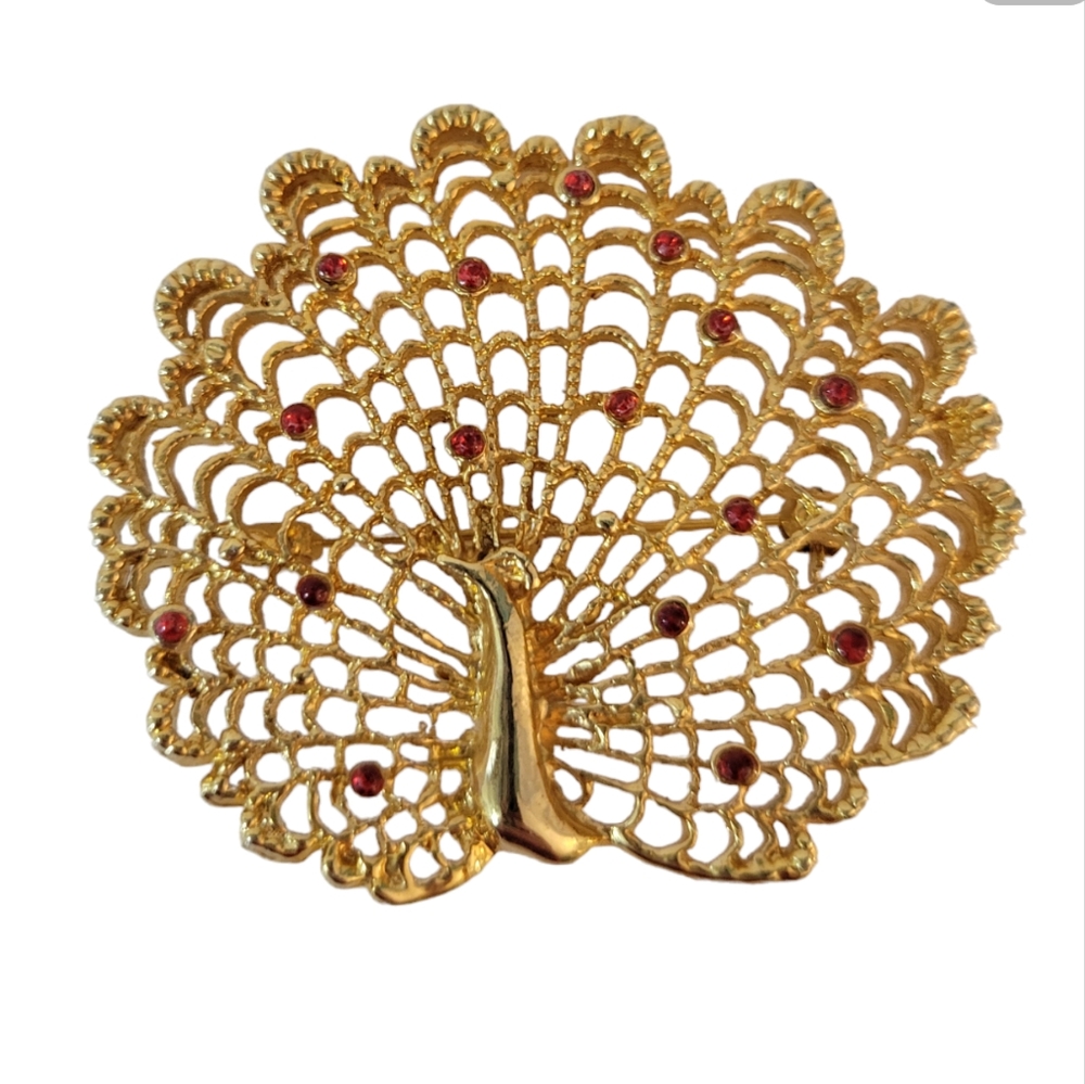 Goldtone Reticulated Peacock Brooch Red Crystals